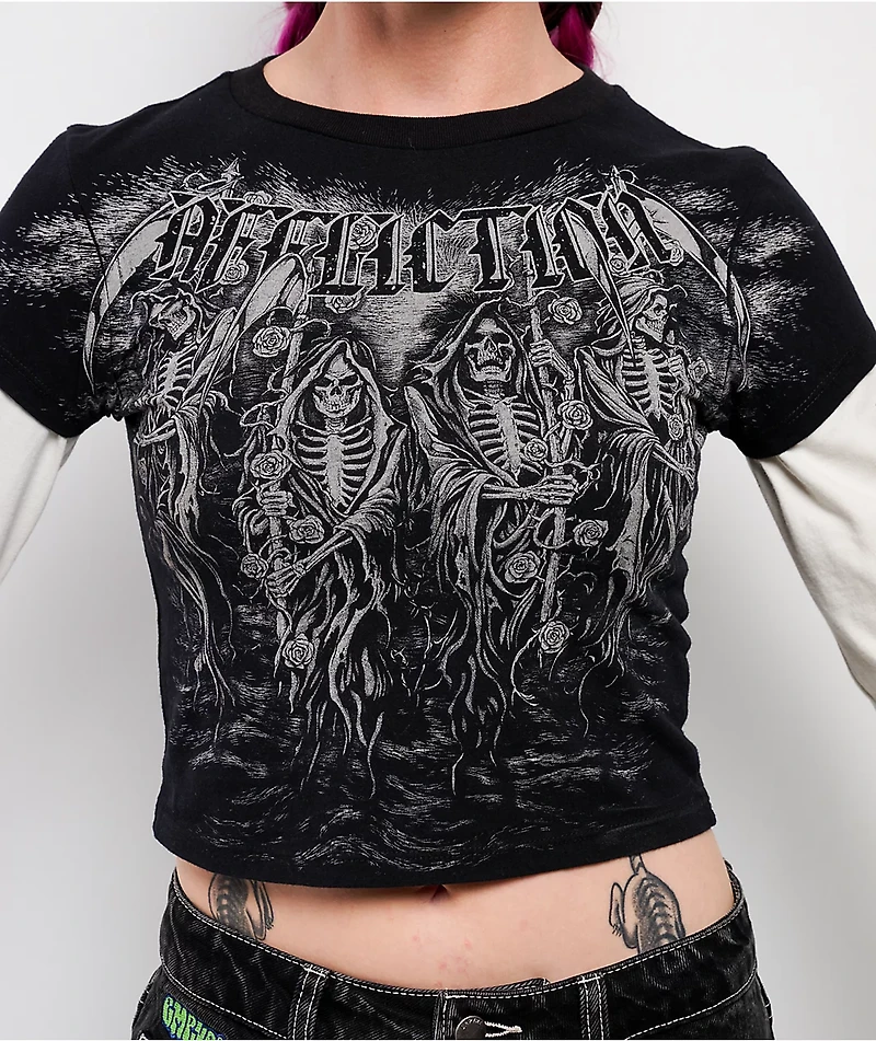 Affliction Requiem Frost Black & White 2fer Long Sleeve Crop T-Shirt