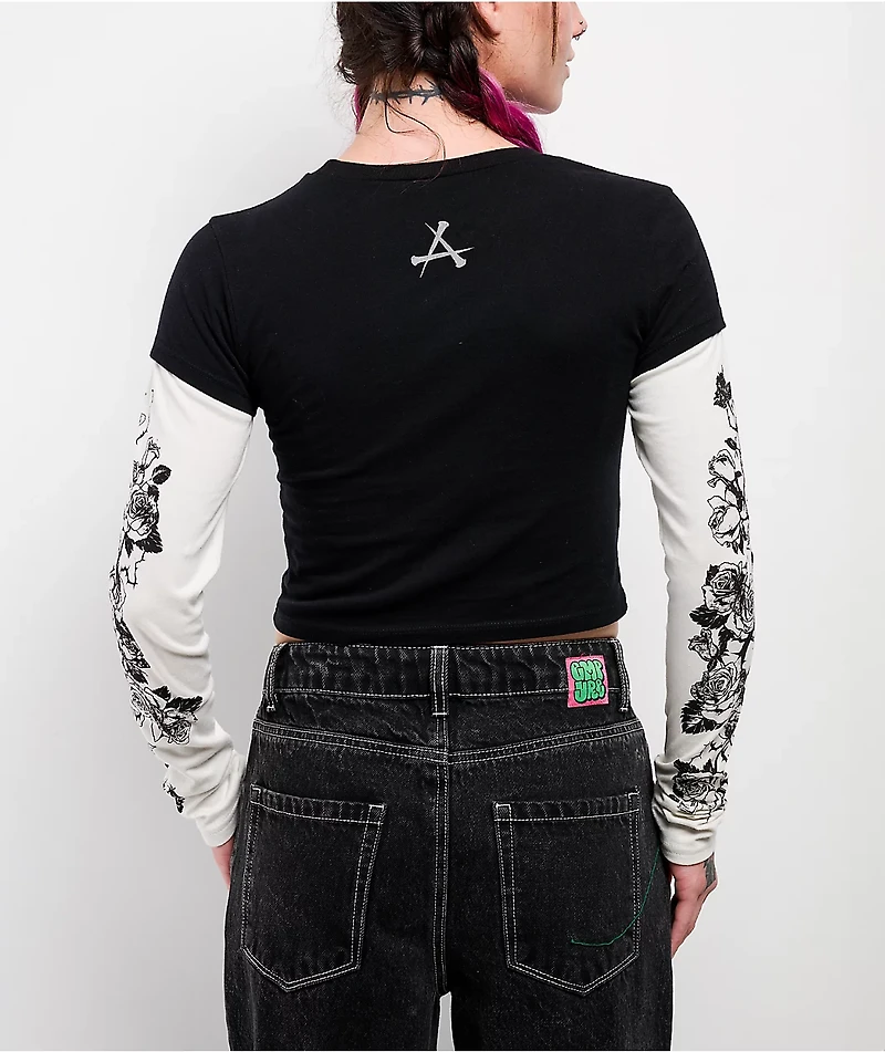 Affliction Requiem Frost Black & White 2fer Long Sleeve Crop T-Shirt