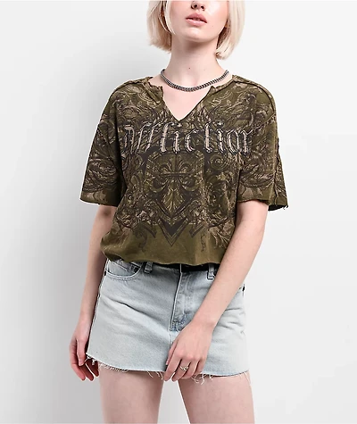 Affliction Residual Chaos Dark Green Crop T-Shirt