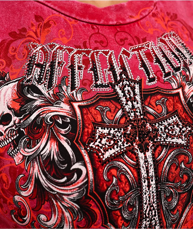 Affliction Rival Chaos Tie Front Red Wash Crop Tank Top