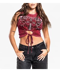 Affliction Rival Chaos Tie Front Red Wash Crop Tank Top
