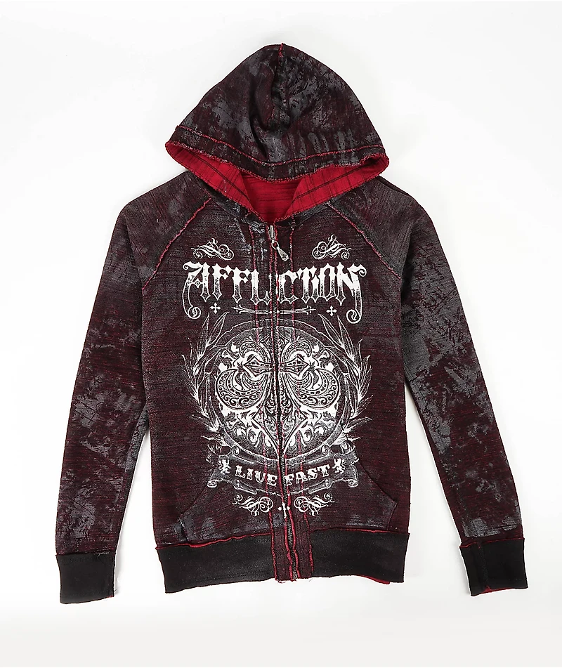 Affliction Shred Fest Black & Red Wash Reversible Zip Hoodie