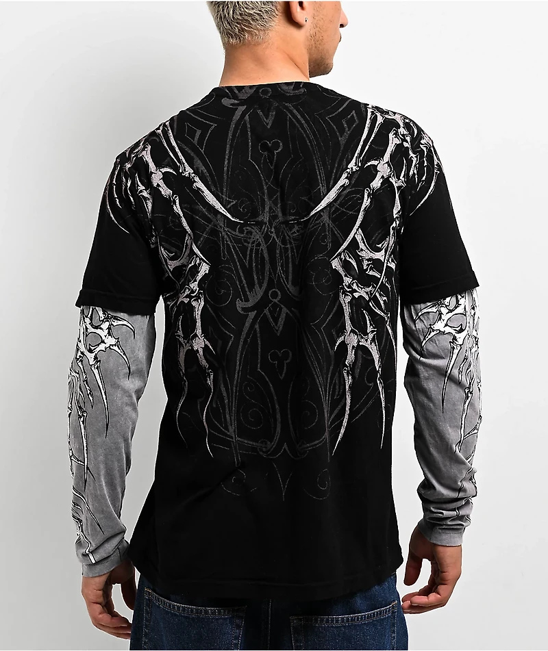 Affliction Skeleton Black Lava & Grey 2fer Long Sleeve T-Shirt