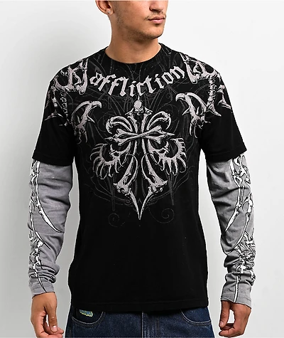 Affliction Skeleton Black Lava & Grey 2fer Long Sleeve T-Shirt