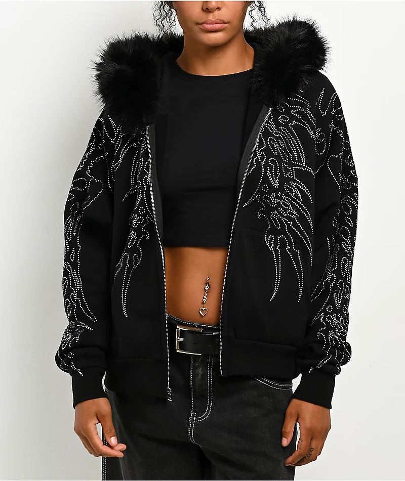 Affliction Skeleton Faur Fur Black Zip Hoodie