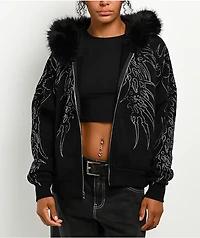 Affliction Skeleton Faur Fur Black Zip Hoodie