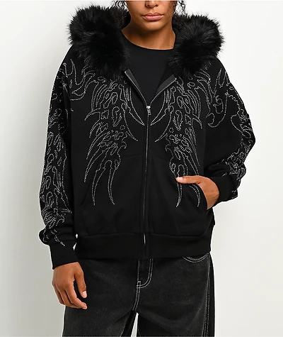 Affliction Skeleton Faur Fur Black Zip Hoodie
