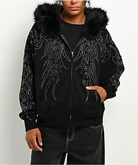 Affliction Skeleton Faur Fur Black Zip Hoodie