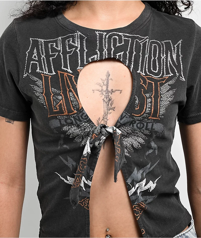 Affliction Sweet Home Black Wash Front Tie Crop T-Shirt