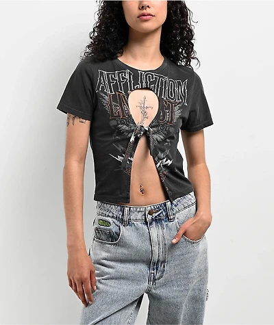 Affliction Sweet Home Black Wash Front Tie Crop T-Shirt