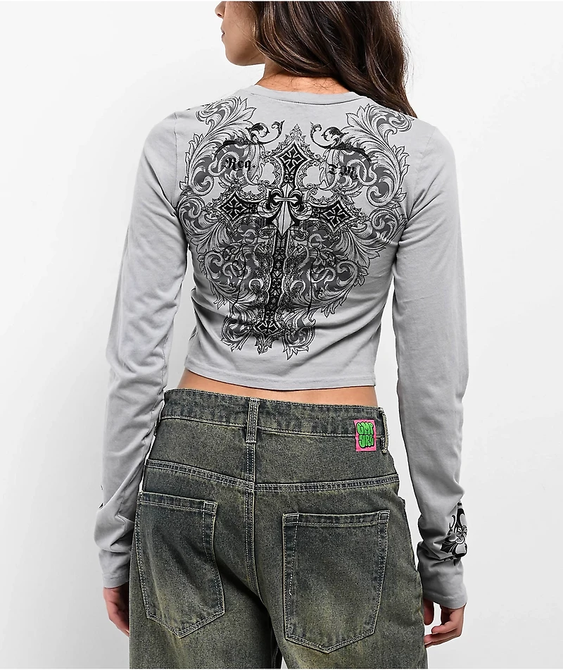 Affliction Syndic Grey Long Sleeve Crop T-Shirt