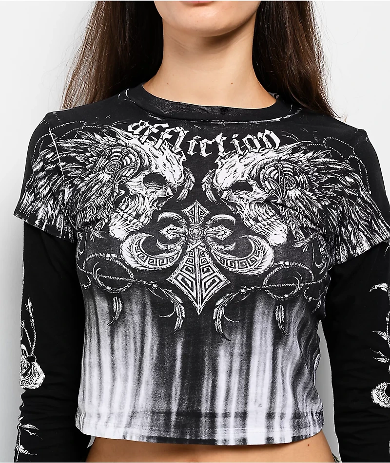 Affliction Tarnished Wire Black & White 2fer Long Sleeve Crop T-Shirt