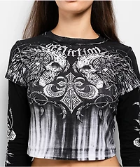 Affliction Tarnished Wire Black & White 2fer Long Sleeve Crop T-Shirt