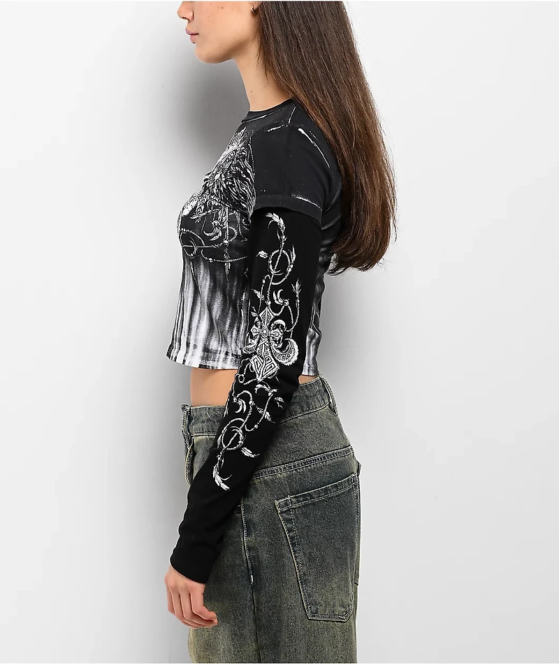 Affliction Tarnished Wire Black & White 2fer Long Sleeve Crop T-Shirt