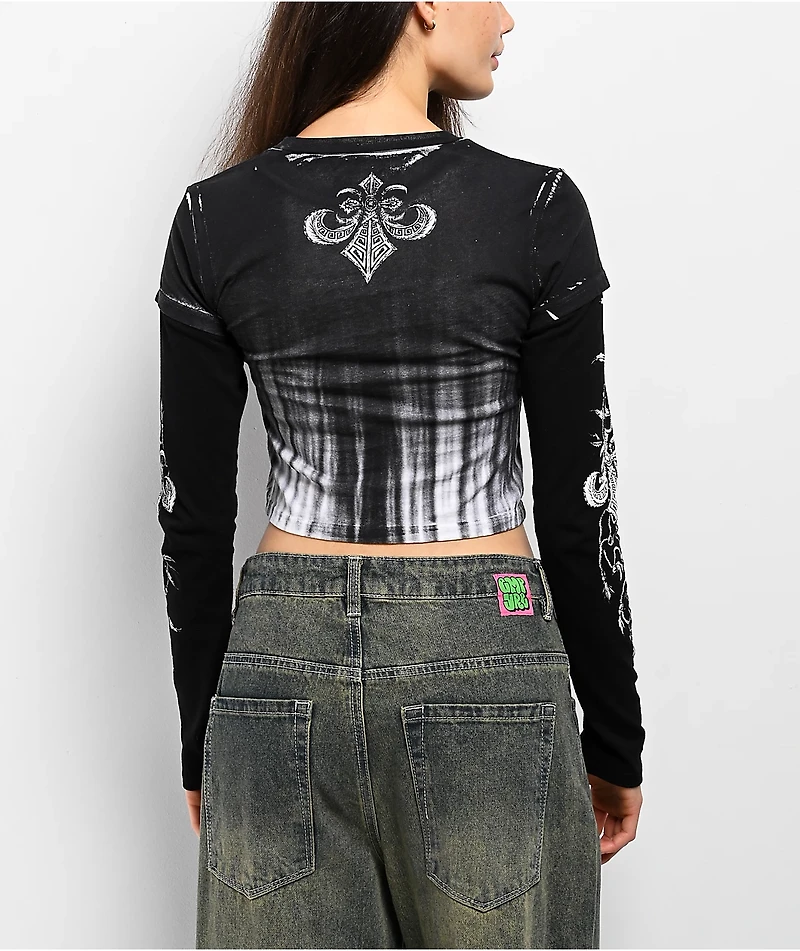 Affliction Tarnished Wire Black & White 2fer Long Sleeve Crop T-Shirt