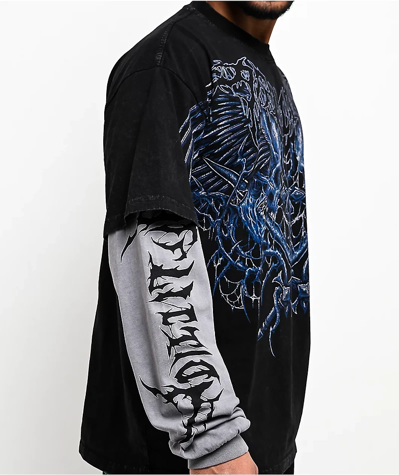 Affliction Toxic Wrath Black Wash & Grey 2fer Long Sleeve T-Shirt