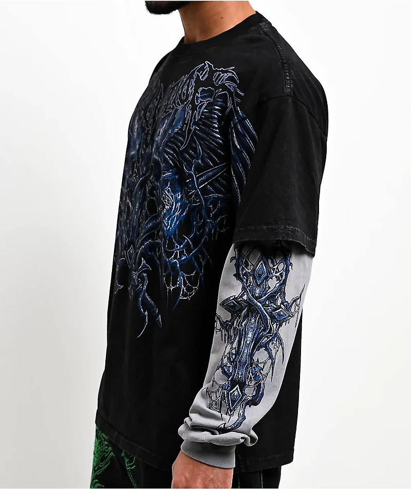 Affliction Toxic Wrath Black Wash & Grey 2fer Long Sleeve T-Shirt