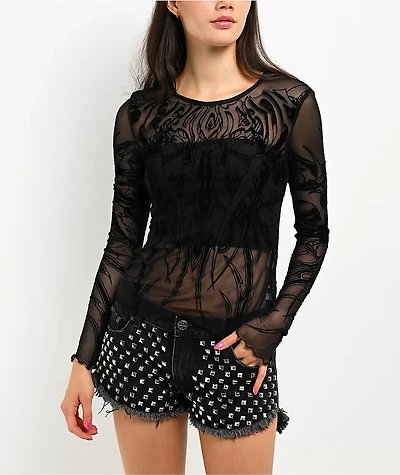 Affliction Waterfalls Black Long Sleeve Mesh Top
