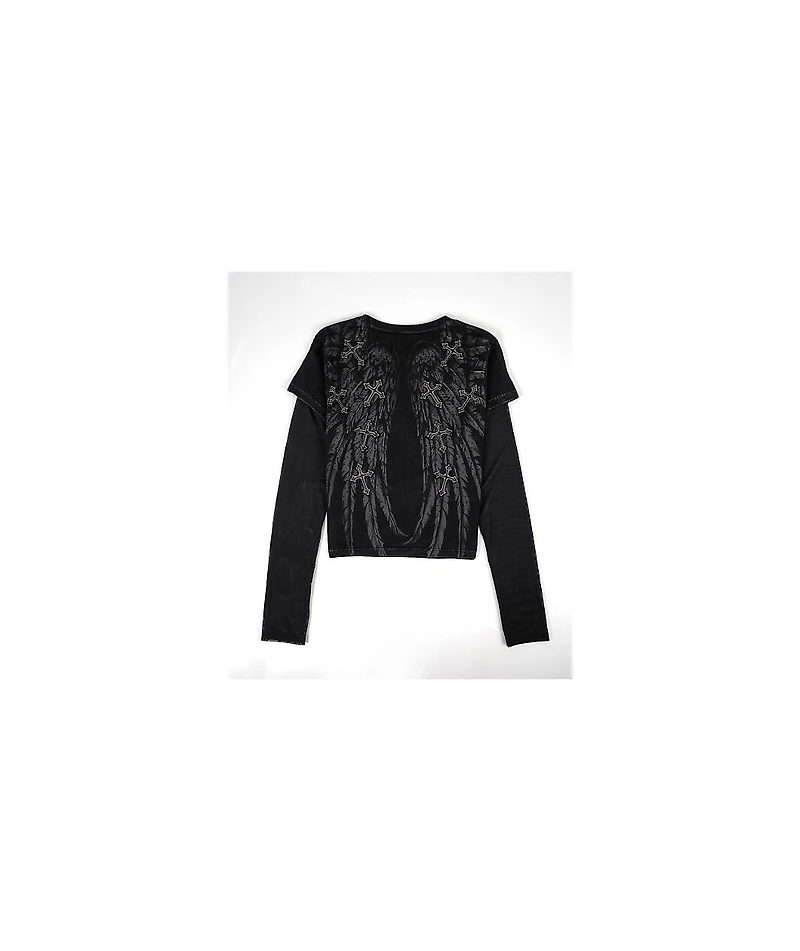 Affliction Whispering Thoughts Black Wash 2fer Long Sleeve Crop T-Shirt