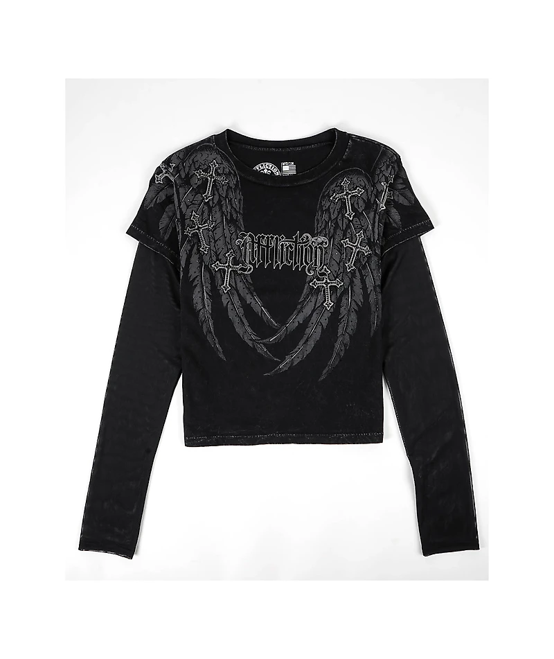 Affliction Whispering Thoughts Black Wash 2fer Long Sleeve Crop T-Shirt