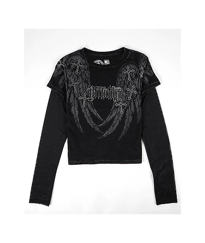 Affliction Whispering Thoughts Black Wash 2fer Long Sleeve Crop T-Shirt