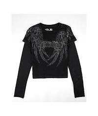 Affliction Whispering Thoughts Black Wash 2fer Long Sleeve Crop T-Shirt