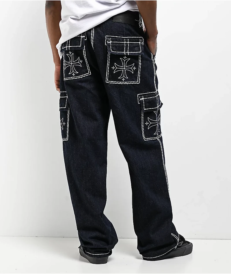 Affliction Wide Leg Blue Wash Cargo Jeans