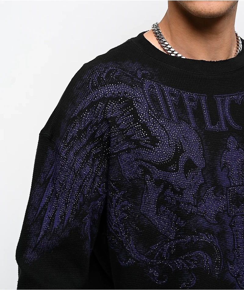 Affliction Winged Up Rhinestone Purple Oversized Thermal Long Sleeve T-Shirt