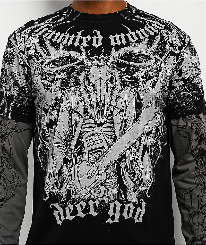 Affliction x Haunted Mound Deer God Black Wash & Grey 2Fer Long Sleeve T-Shirt