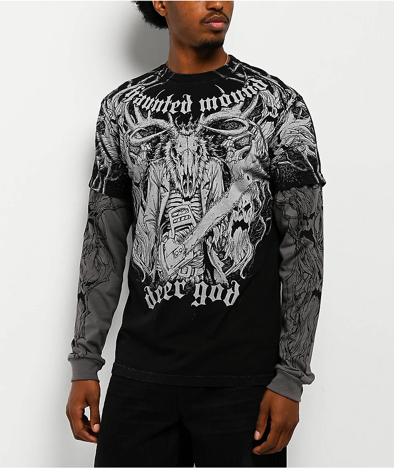 Affliction x Haunted Mound Deer God Black Wash & Grey 2Fer Long Sleeve T-Shirt
