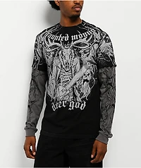 Affliction x Haunted Mound Deer God Black Wash & Grey 2Fer Long Sleeve T-Shirt