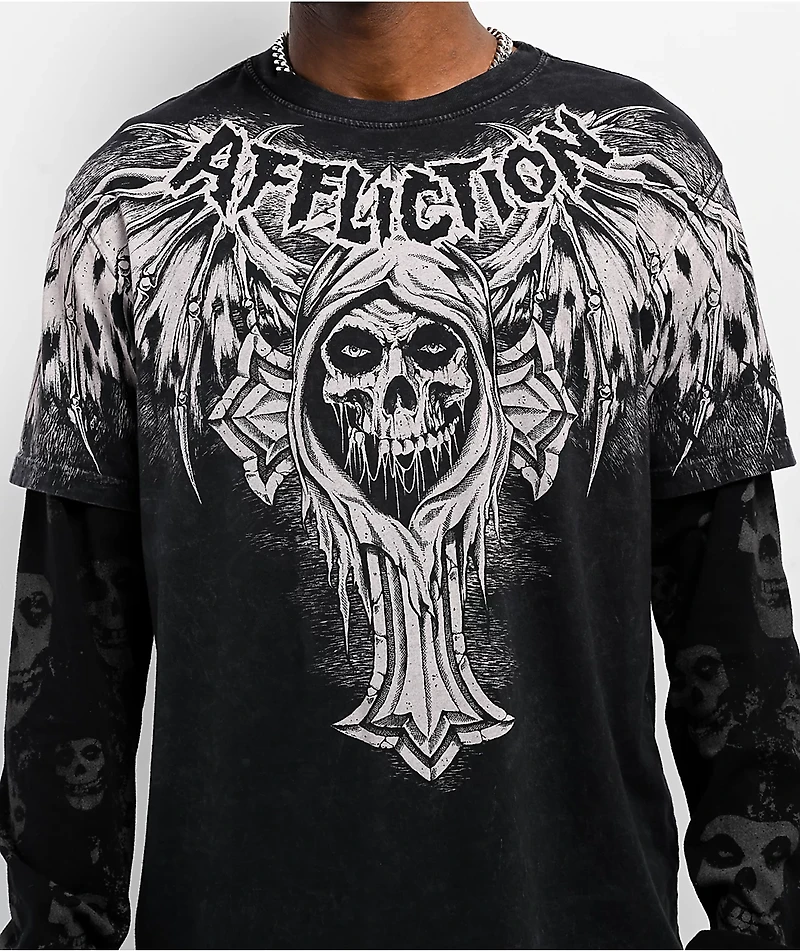Affliction x Misfits Bat Black Wash 2fer Long Sleeve T-Shirt