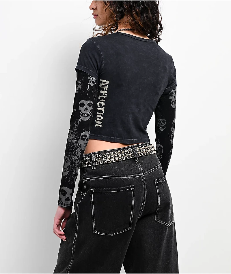Affliction x Misfits Shackles Black Wash 2fer Long Sleeve Crop T-Shirt
