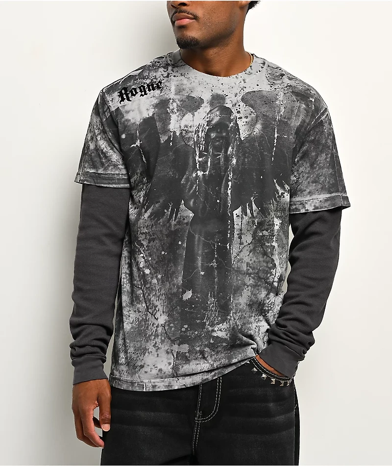 Affliction x Rogue Floating Grey & Black 2fer Long Sleeve T-Shirt