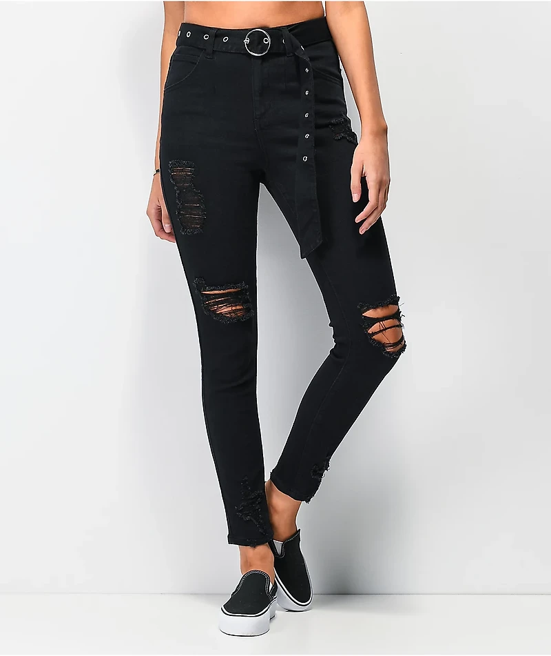 Almost Famous Belted Black Denim Jogger Pants