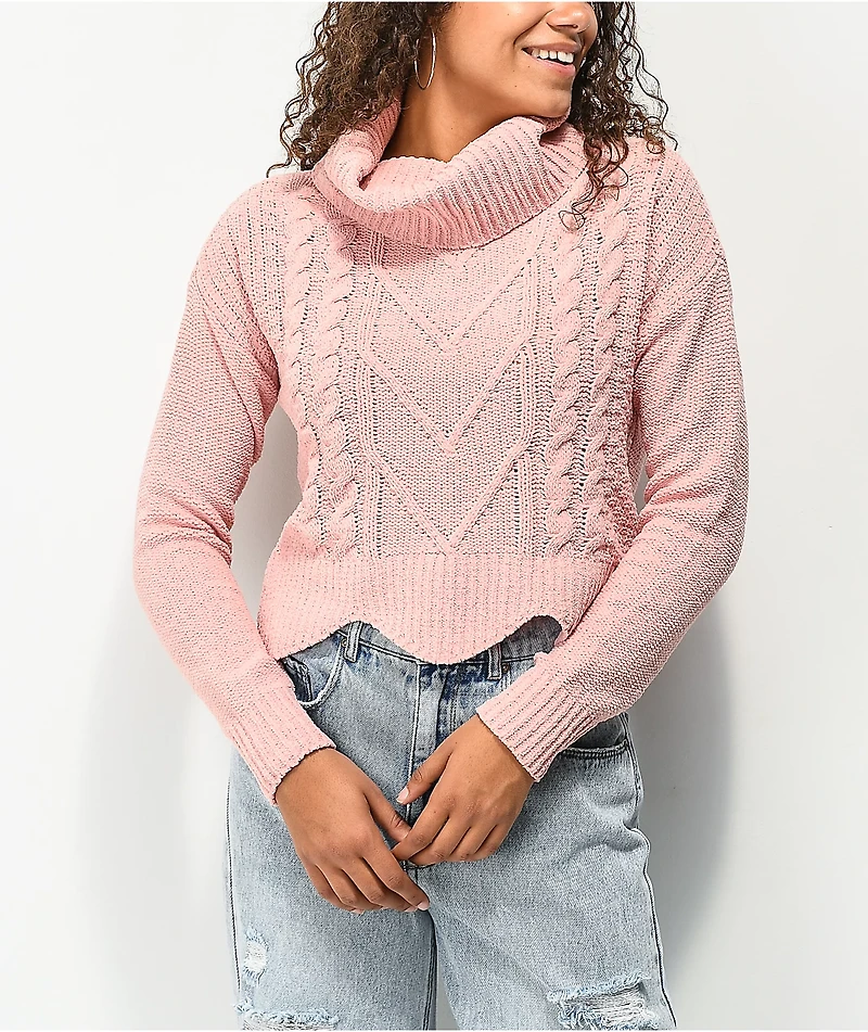 Almost Famous Chenille Cable Knit Scallop Edge Pink Sweater