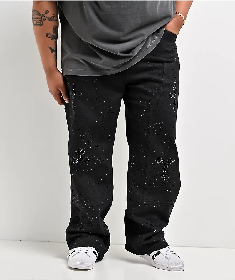 American Stitch Cross Rhinestone Double Knee Black Carpenter Jeans