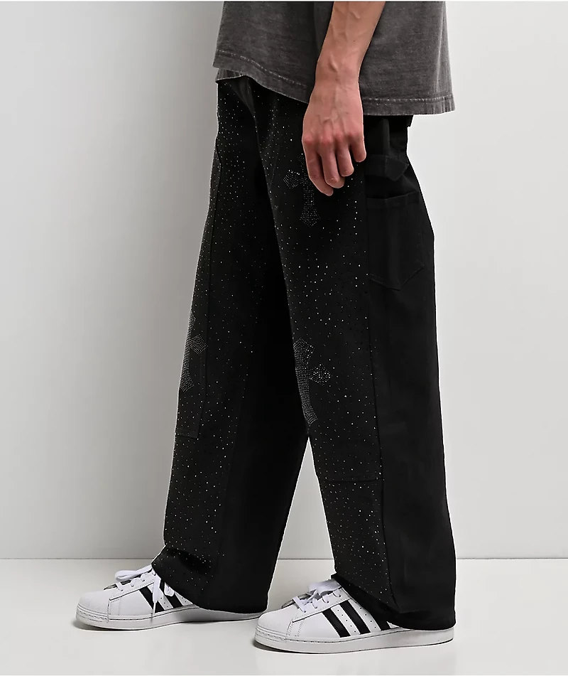 American Stitch Cross Rhinestone Double Knee Black Carpenter Jeans