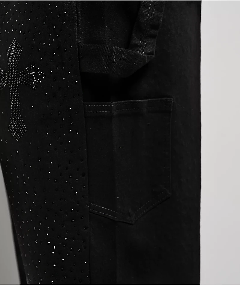 American Stitch Cross Rhinestone Double Knee Black Carpenter Jeans