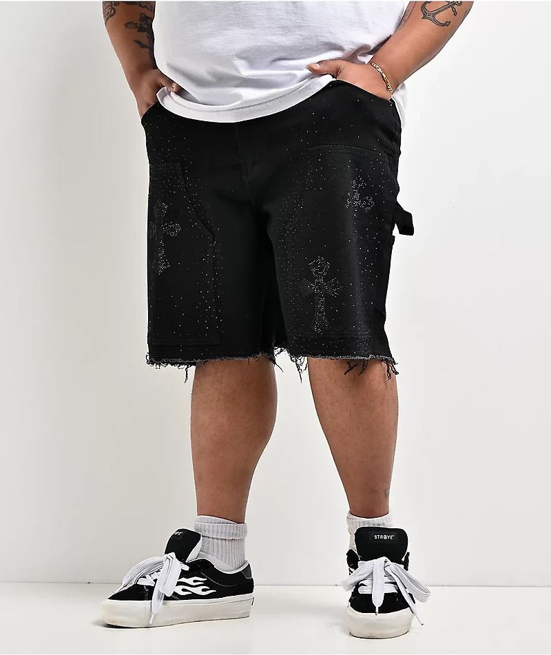 American Stitch Cross Rhinestone Double Knee Black Carpenter Shorts