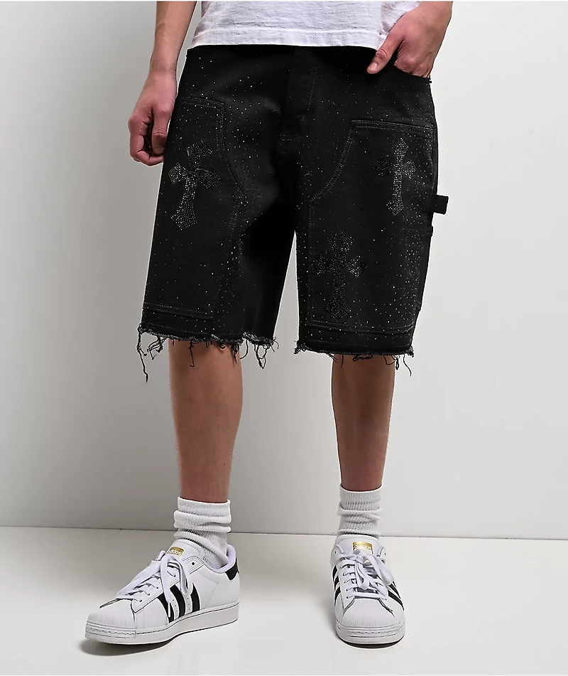 American Stitch Cross Rhinestone Double Knee Black Carpenter Shorts