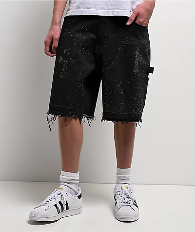 American Stitch Cross Rhinestone Double Knee Black Carpenter Shorts
