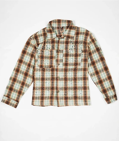 American Stitch Rhinestone Brown & Light Blue Flannel Shirt