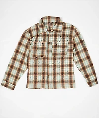 American Stitch Rhinestone Brown & Light Blue Flannel Shirt