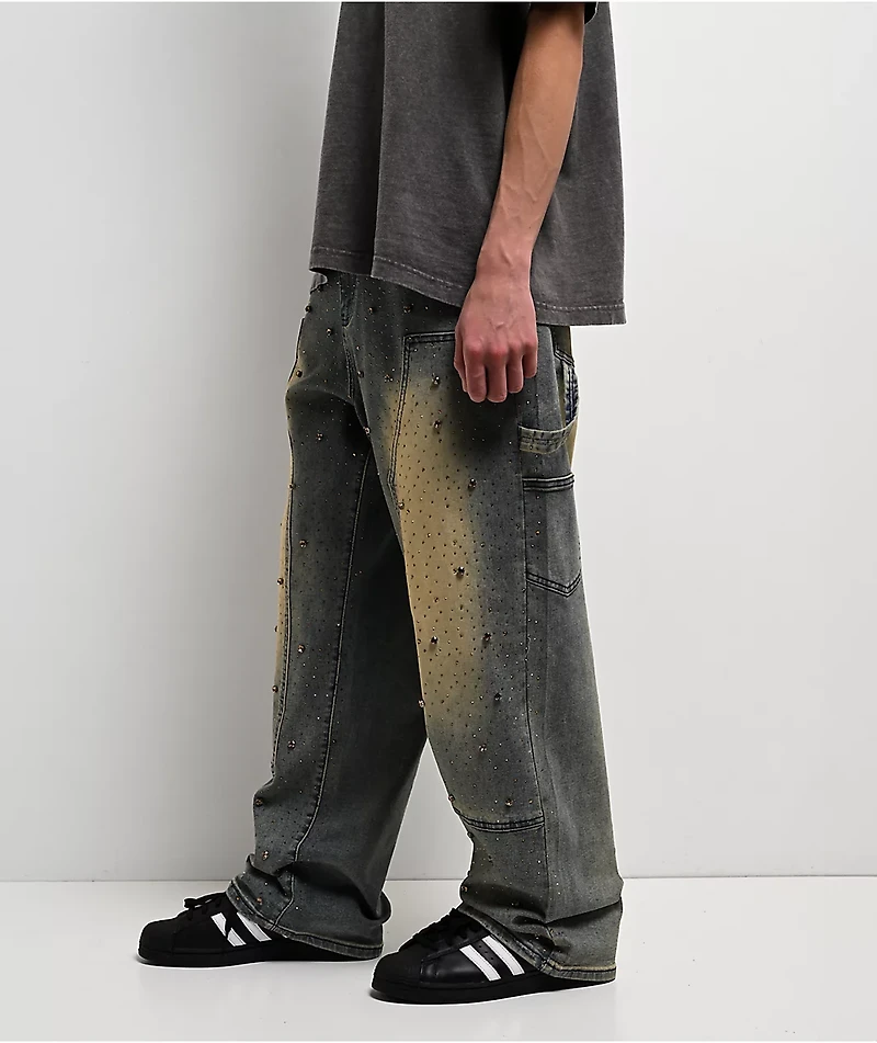 American Stitch Rhinestone Double Knee Blue Wash Carpenter Jeans