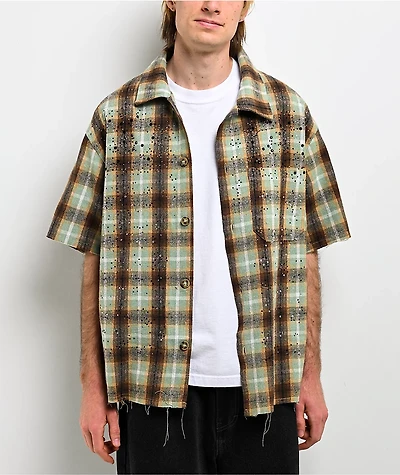 American Stitch Rhinestone Green & Brown Flannel T-Shirt