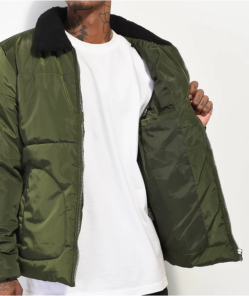 American Stitch Sherpa Collar Olive Puffer Jacket