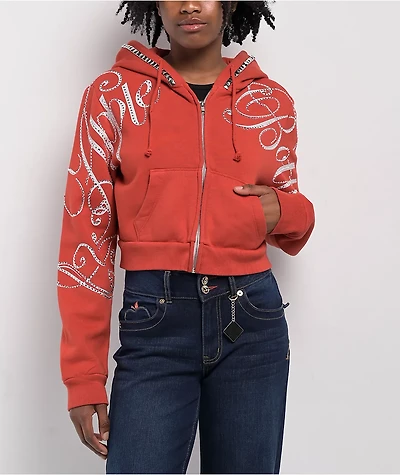 Apple Bottoms Embellished Red Crop Zip Hoodie