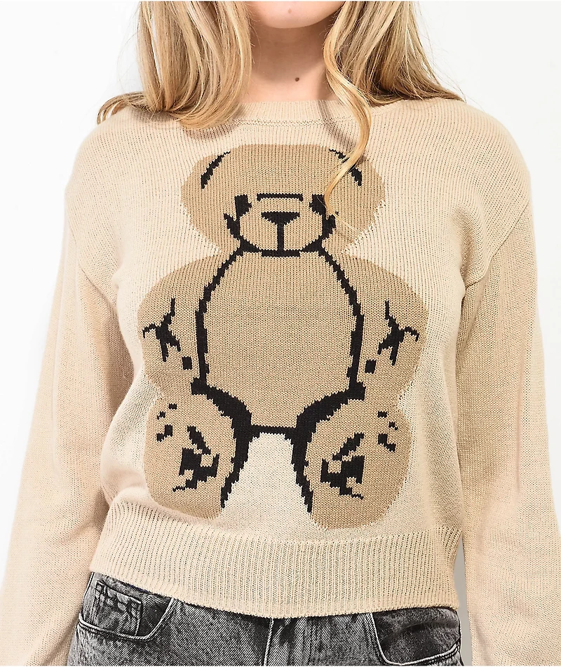 Basic Pleasure Mode Big Ted Fluffy Trim Brown Sweater