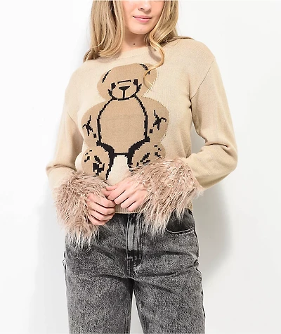 Basic Pleasure Mode Big Ted Fluffy Trim Brown Sweater